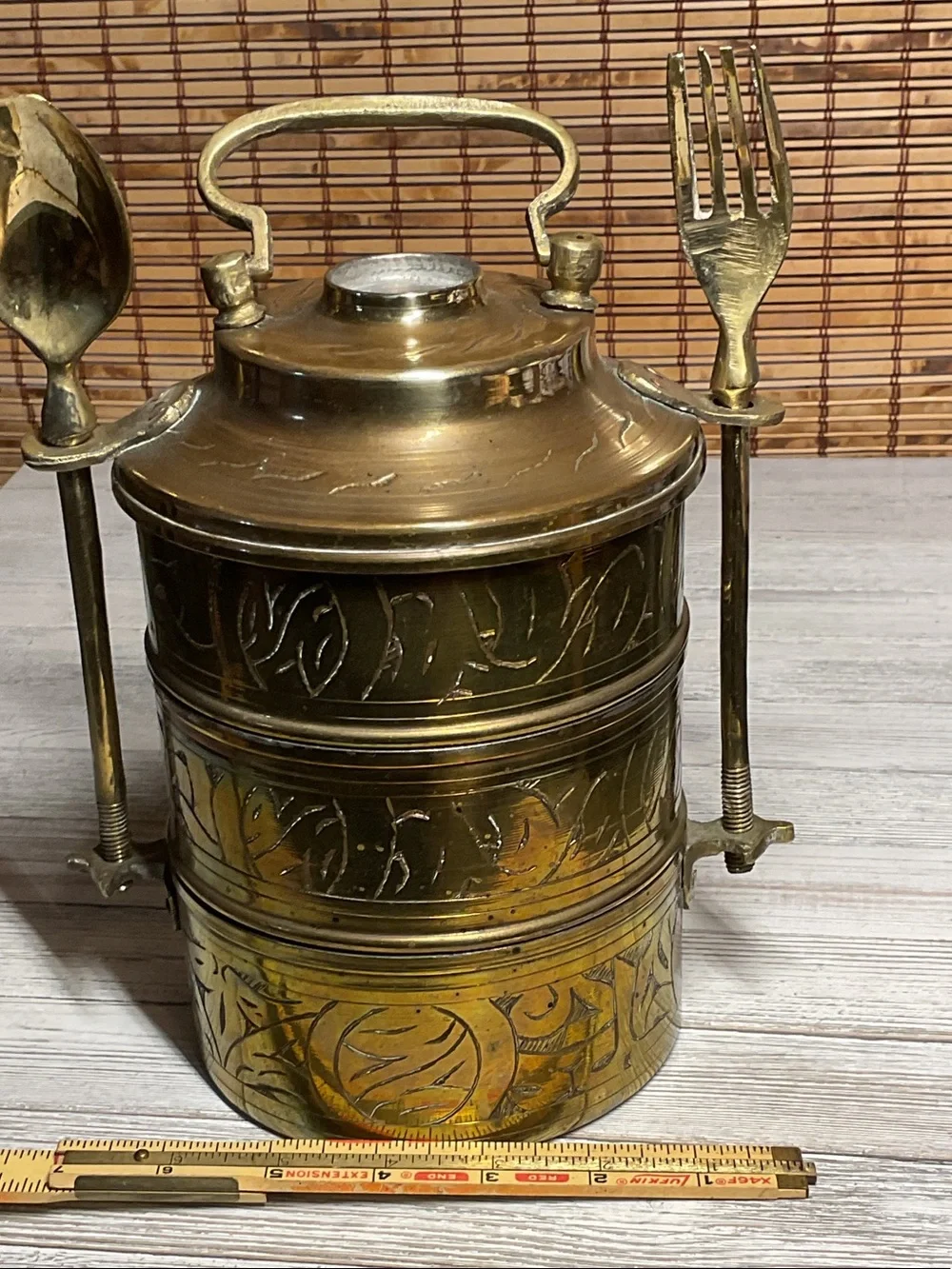 Vintage Brass Tiffin Stacking Lunchbox With Fork And Spoon Screw in Handle